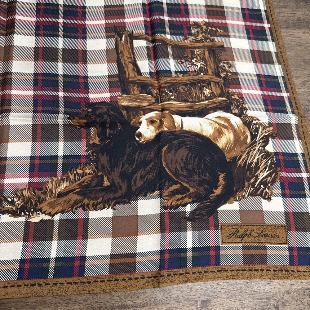 Vintage 34" Ralph Lauren Tartan Plaid Silk Scarf Hunting Sporting Dogs Ducks - Picture 2 of 8